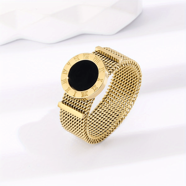 14K Gold Plated Roman Numerals Black Shell Strap Ring For Women Girls Daily Wear - Image 5
