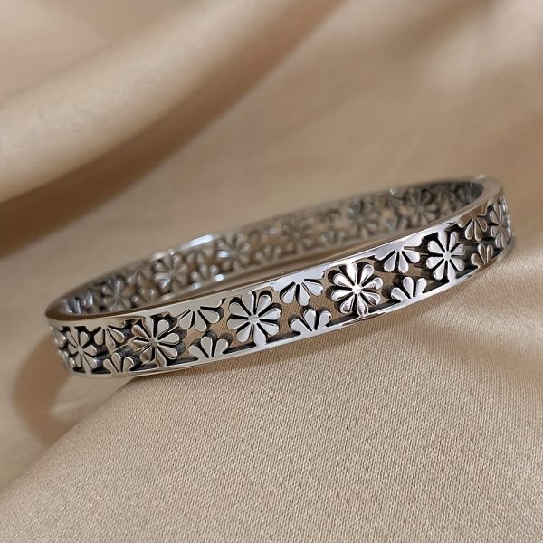 1pc Hollow Flower Shape Stainless Steel Bangle Bracelet For Men Women, Vintage Jewelry - Image 9