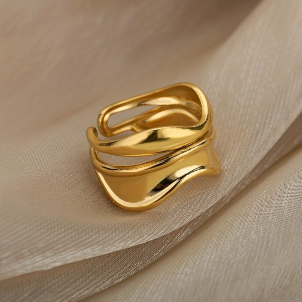 Geometric Wave Open Ring, Stainless Steel Golden Plated Ring for Women - Image 2