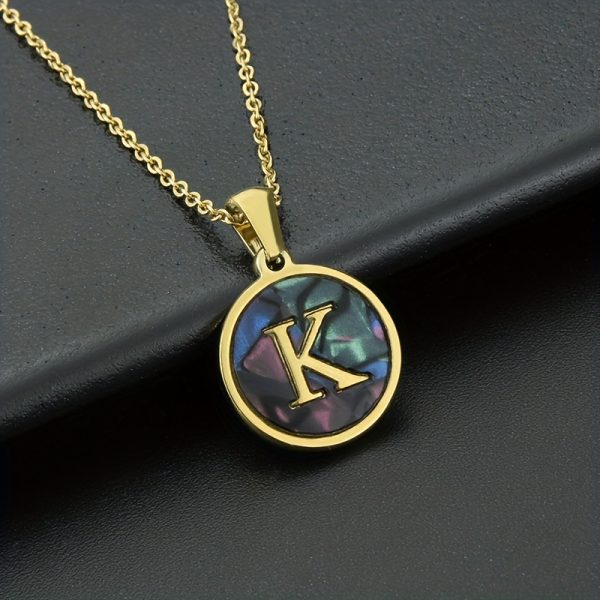 26-Letter Stainless Steel Round Abalone Pendant Necklace for Women - 18K Plated Jewelry with Personalized English Alphabet Letter Charm - Durable, Hypoallergenic, and Nickel-Free Accessories for Women's Everyday Wear - Image 21