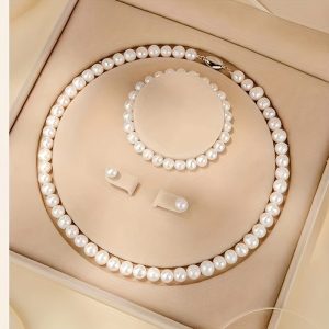 Elegant Freshwater Pearl Jewelry Set for Women - Includes Necklace, Bracelet & Stud Earrings, Milk White, Luxurious Classic Accessories