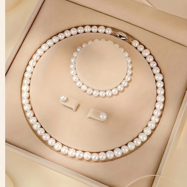 Elegant Freshwater Pearl Jewelry Set for Women - Includes Necklace, Bracelet & Stud Earrings, Milk White, Luxurious Classic Accessories