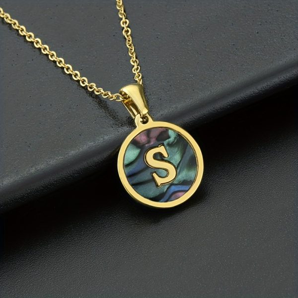 26-Letter Stainless Steel Round Abalone Pendant Necklace for Women - 18K Plated Jewelry with Personalized English Alphabet Letter Charm - Durable, Hypoallergenic, and Nickel-Free Accessories for Women's Everyday Wear - Image 29