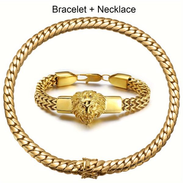 2pcs Stainless Steel Mens Golden Jewelry Set, Cuban Lion Chain Necklace and Bracelet - Image 4