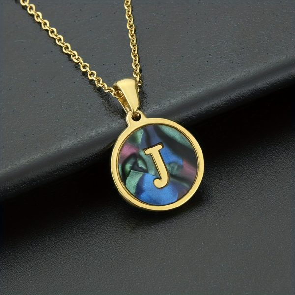 26-Letter Stainless Steel Round Abalone Pendant Necklace for Women - 18K Plated Jewelry with Personalized English Alphabet Letter Charm - Durable, Hypoallergenic, and Nickel-Free Accessories for Women's Everyday Wear - Image 20
