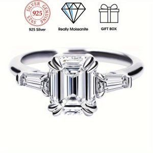 Charming Ideal Jade Cut Moissanite Ring Women' S 4ct Three Stone Moissanite Engagement Ring Sterling Silver Platinum Plated Anniversary Wedding Ring, Greystone, Moissanite