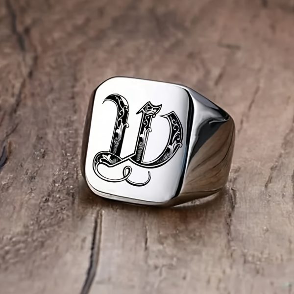 1pc Fashion Trendy 26 Letters Men's Square Stainless Steel Ring - Image 26