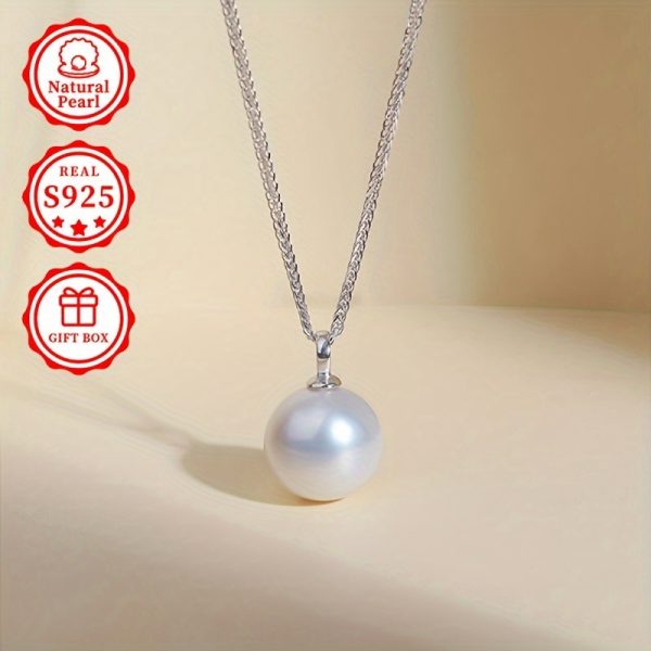 Vintage Elegant Freshwater Pearl Pendant Necklace June Birthstone, MUFAN 13-14mm Round Natural Pearl with No Plating, 925 Sterling Silver Chain 23.62inch, Gift-Ready for Daily Wear - Image 2