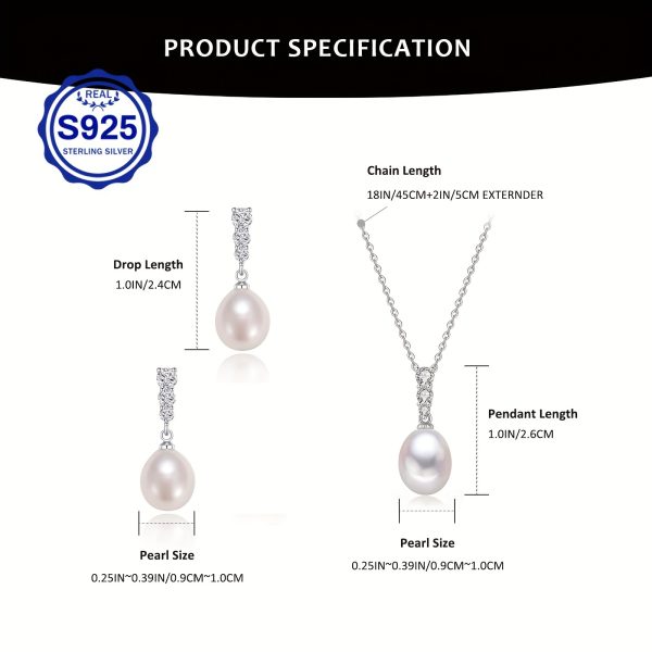 9-10MM 925 Sterling Silver Freshwater Cultured Pearl Necklace And Earrings Set - Image 4