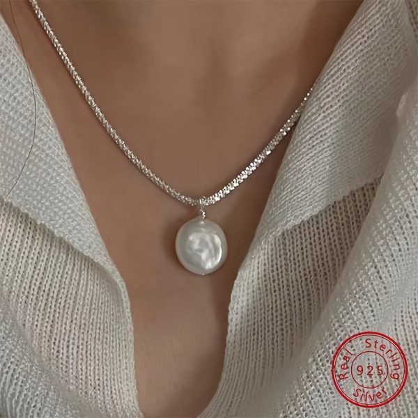 925 Sterling Silver Elegant Necklace with Natural White Pearl Pendant, Ideal Gift