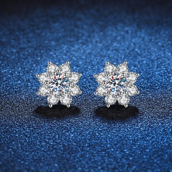 1 Pair of S925 Sterling Silver AuraBling Sunflower Moissanite Stud Earrings with Gift Box and Silver Polishing Cloth - Image 2