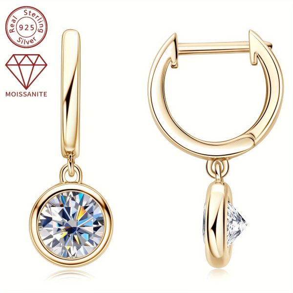 Elegant Simple Style Moissanite Drop & Dangle Earrings, 1.0ct Synthetic April Birthstone, 14K Golden Plated 925 Sterling Silver, Christmas Holiday Gift for Women - 2.52g Silver Weight, 6.5mm Stone, All-Season Wedding Jewelry - Image 9