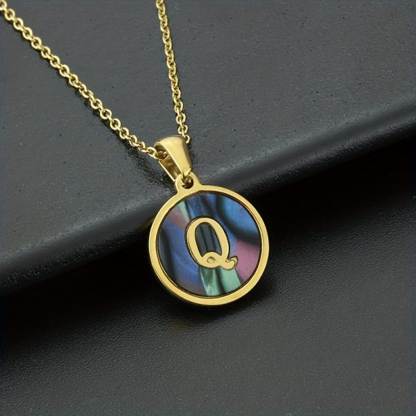 26-Letter Stainless Steel Round Abalone Pendant Necklace for Women - 18K Plated Jewelry with Personalized English Alphabet Letter Charm - Durable, Hypoallergenic, and Nickel-Free Accessories for Women's Everyday Wear - Image 27