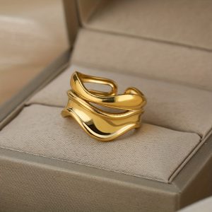 Geometric Wave Open Ring, Stainless Steel Golden Plated Ring for Women