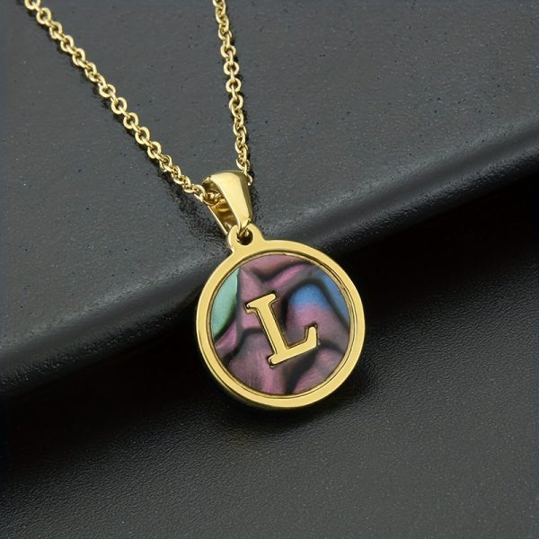 26-Letter Stainless Steel Round Abalone Pendant Necklace for Women - 18K Plated Jewelry with Personalized English Alphabet Letter Charm - Durable, Hypoallergenic, and Nickel-Free Accessories for Women's Everyday Wear - Image 22
