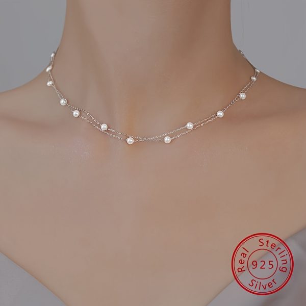 1pc Exquisite S925 Sterling Silver Double Layer Shell Pearl Necklace - Elegant Collarbone Chain with Luminous Pearls and Delicate Craftsmanship - Perfect Gift for Women on Birthday, Mother's Day, Valentine's Day - Image 6