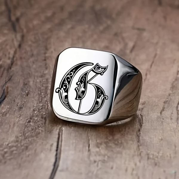 1pc Fashion Trendy 26 Letters Men's Square Stainless Steel Ring - Image 9