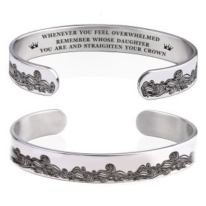 1pc Stainless Steel Large Wave Opening C-shaped Bracelet Laser Laser English Inspirational Personality Bracelet Men And Women Valentine's Day Gift