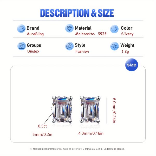 1pair S925 Rectangular Geometric Moissanite Stud Earrings For Men, With Gift Box - Image 2