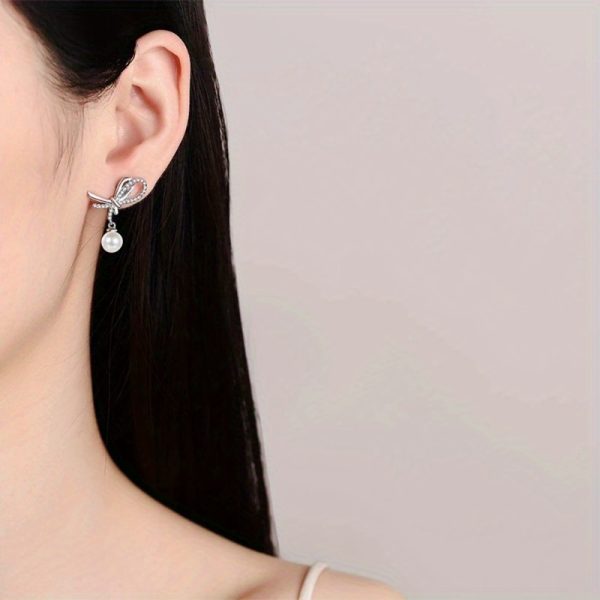 Freshwater Pearl1Pair Freshwater Pearl S925 Sterling Silver Earrings, Bowknot Sweet Temperament Atmospheric Simple High-End Design Jewelry - Image 3