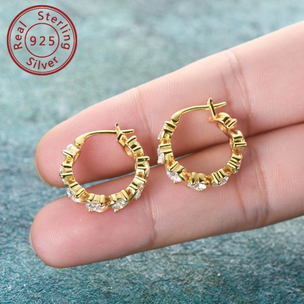 Elegant 925 Sterling Silver Hoop Earrings with 4mm Round Cut Moissanite Stones, 14K Gold Plated Hoops for Women, Synthetic April Birthstone Jewelry, Versatile for Party, Wedding & Christmas, 4.8ct Total Weight - Pair - Image 8
