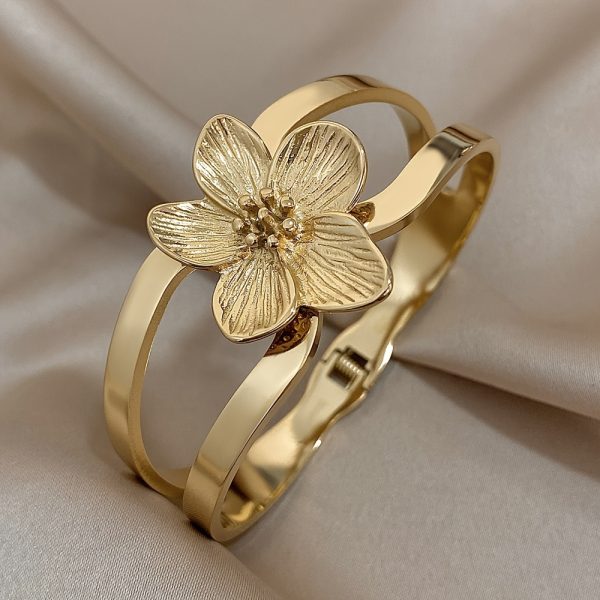 Vintage Stainless Steel Flowers Bangle with Five Petal Flower Shape Cuff Waterproof Jewelry Gifts - Image 2