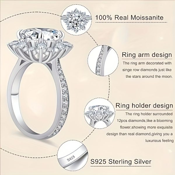 1.5u002F2u002F3CT 925 Sterling SilverMoissanite Engagement Rings for Women, Women's 925 Sterling Silver Big Flower Shaped Engagement Moissanite Ring, Brilliant D Color VVS1 Wedding Bands Moissanite Halo Rings 1.5u002F2u002F3CT. - Image 5