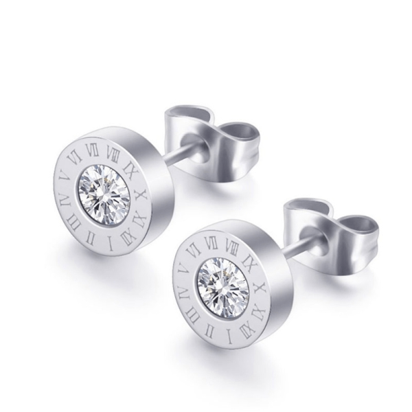 Stainless Steel Round Cut zirconia Roman Numerals Stud Earrings Silver Plated Ear Jewelry For Women Birthday Valentine's Day Gift - Image 5