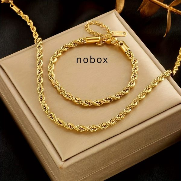 2pcs Gold Plated Stainless Steel Necklace Bracelet Set, Elegant Simple Design, Retro Trendy Versatile Jewelry, Women Couple Street Daily Commute Wedding Holiday Party Accessory - Image 2