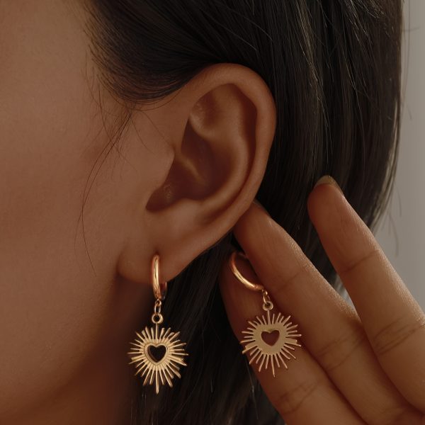 Delicate Heart-Shaped Sunflower Hoop Earrings - Stud Earrings with 14K Plated Stainless Steel, Elegant Punk Style, Dainty Jewelry for Women, Hypoallergenic, Nickel-Free, and Long-Lasting Shiny Finish - Image 3