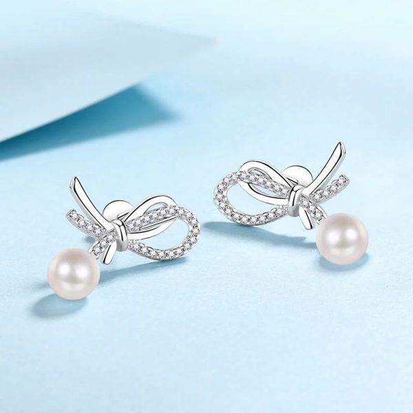 Freshwater Pearl1Pair Freshwater Pearl S925 Sterling Silver Earrings, Bowknot Sweet Temperament Atmospheric Simple High-End Design Jewelry - Image 6