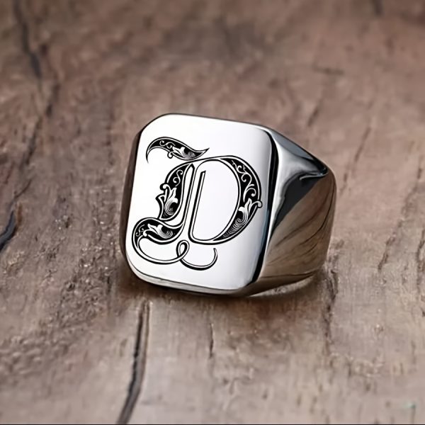 1pc Fashion Trendy 26 Letters Men's Square Stainless Steel Ring - Image 6