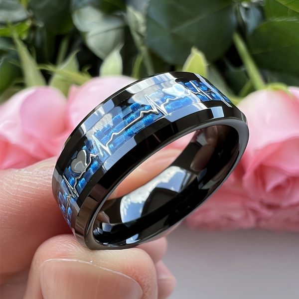 Stylish 8mm Stainless Steel Ring with Heartbeat Design & Black Carbon Fiber - Promise Ring for Weddings & Parties, Comfort Fit Sizes 6-13 - Image 3
