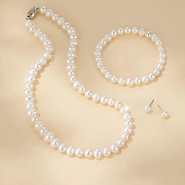 Elegant Freshwater Pearl Jewelry Set for Women - Includes Necklace, Bracelet & Stud Earrings, Milk White, Luxurious Classic Accessories - Image 4