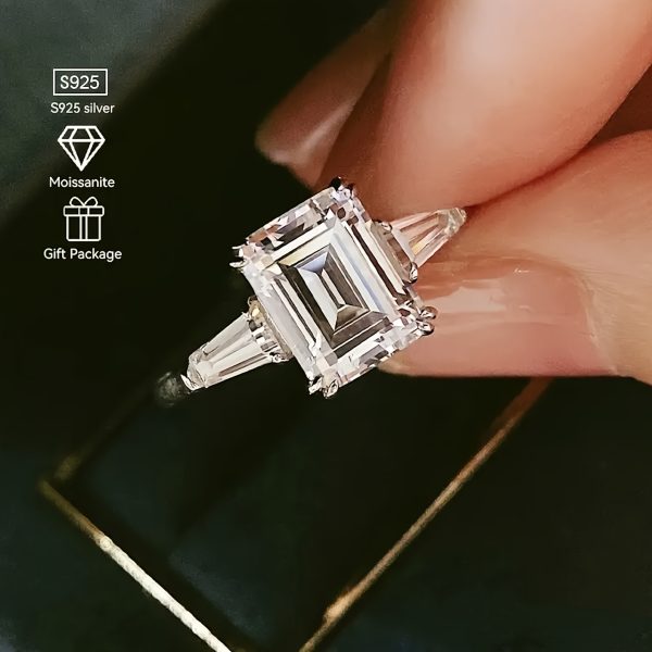 Charming Ideal Jade Cut Moissanite Ring Women' S 4ct Three Stone Moissanite Engagement Ring Sterling Silver Platinum Plated Anniversary Wedding Ring, Greystone, Moissanite - Image 4