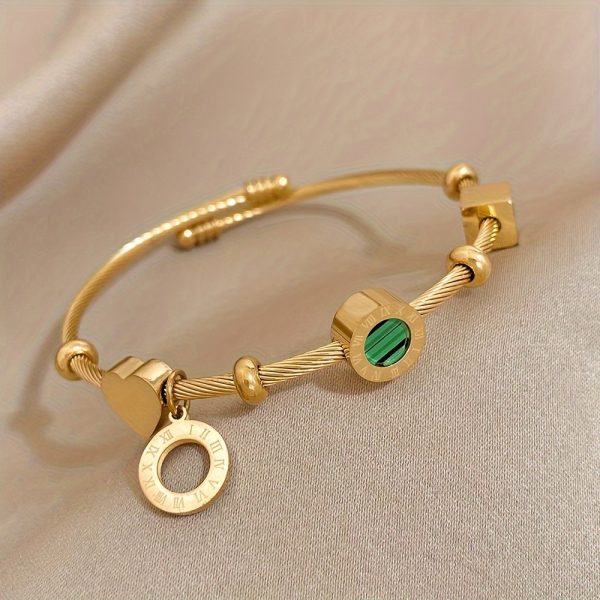 1pc Stainless Steel Retro Punk Style Adjustable Bangle, Golden Color with Elegant Green Stone & Roman Numerals, Ideal for Trendy Party Daily Wear and as Valentine's Day & Christmas Jewelry Gift for Women - Image 7