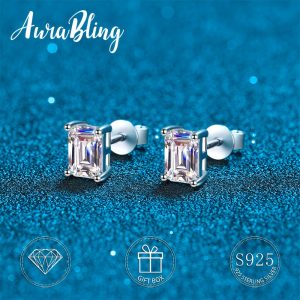 1pair S925 Rectangular Geometric Moissanite Stud Earrings For Men, With Gift Box
