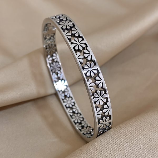 1pc Hollow Flower Shape Stainless Steel Bangle Bracelet For Men Women, Vintage Jewelry - Image 8