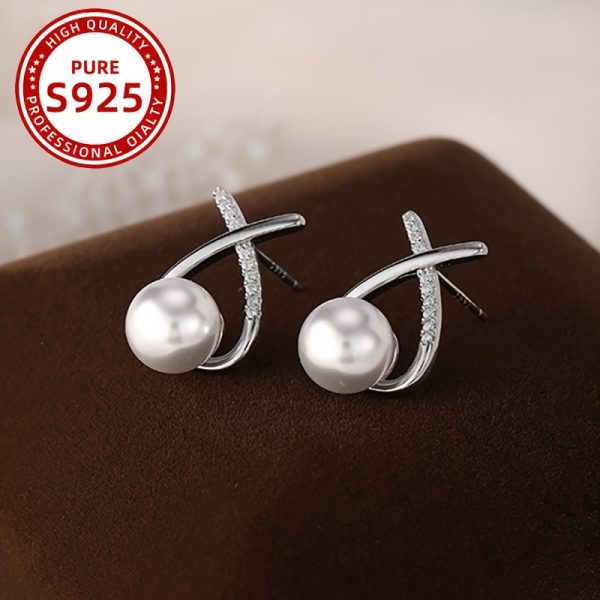 Elegant X-Shaped Freshwater Pearl Stud Earrings for Women - 925 Sterling Silvery with Zirconia Accents, Perfect for Daily Wear & Gifting - Image 7