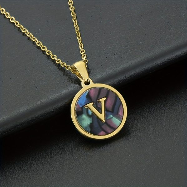 26-Letter Stainless Steel Round Abalone Pendant Necklace for Women - 18K Plated Jewelry with Personalized English Alphabet Letter Charm - Durable, Hypoallergenic, and Nickel-Free Accessories for Women's Everyday Wear - Image 32