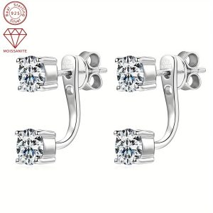 1Pair Ear Jacket Drop Earrings 925 Sterling Silver Real D Color Moissanite Earrings 5mm Round Cut Stud Earrings For Women Jewelry Gifts, With GRA
