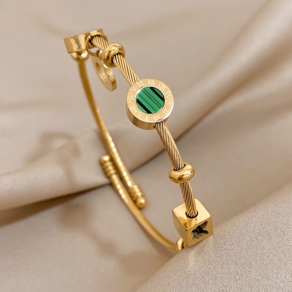1pc Stainless Steel Retro Punk Style Adjustable Bangle, Golden Color with Elegant Green Stone & Roman Numerals, Ideal for Trendy Party Daily Wear and as Valentine's Day & Christmas Jewelry Gift for Women - Image 3