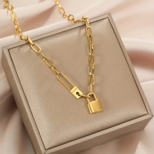 Stainless Steel Letter Love Lock Pendant Thick Chain Necklace Female Fashion Retro Exaggerated Punk Style Party Christmas Halloween Gift
