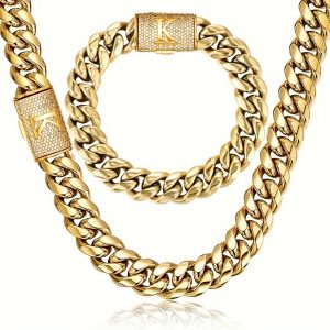 2pcs Stainless Steel Link Chain Bracelet And Necklace Set