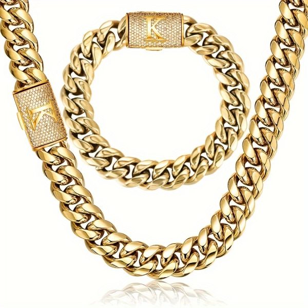 2pcs Stainless Steel Link Chain Bracelet And Necklace Set