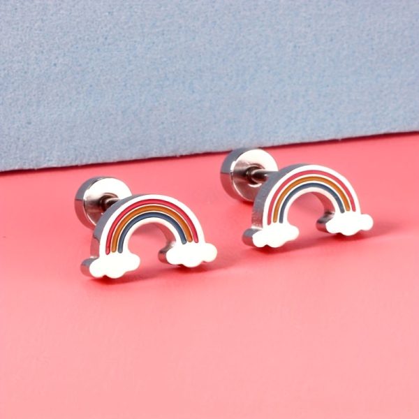 2 Pcs Minimalist Stainless Steel Rainbow Ear Studs with Screw Earrings Needles, Cute and Durable Jewelry - Image 5