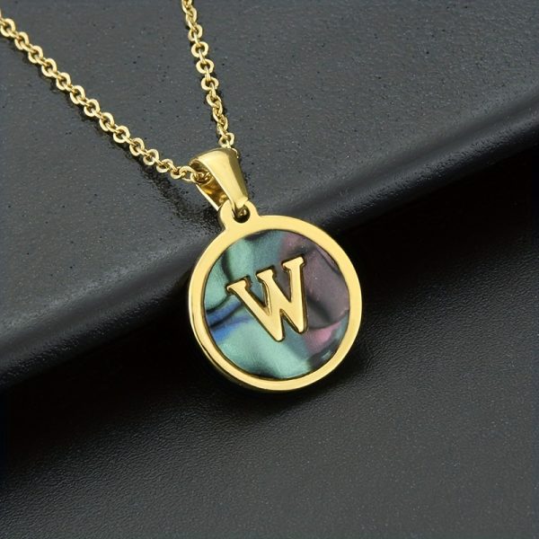 26-Letter Stainless Steel Round Abalone Pendant Necklace for Women - 18K Plated Jewelry with Personalized English Alphabet Letter Charm - Durable, Hypoallergenic, and Nickel-Free Accessories for Women's Everyday Wear - Image 33