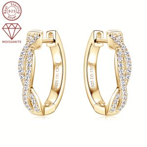 Elegant Twist Moissanite Hoop Earrings 925 Sterling Silver, 14K Golden Plated Synthetic Stone, April Birthstone, 3.29g Christmas Holiday Gift, Wedding & Vacation Jewelry for Women (52pcs 1mm Moissanite, Total 0.26ct)