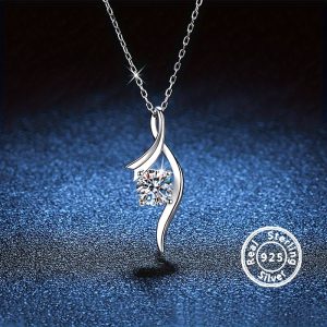 1 Carat Moissanite Exquisite Necklace, 925 Sterling Silver, Elegant Light Luxury Party Fine Jewelry, Easter Day Gifts For Women