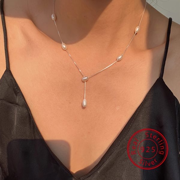 925 Sterling Silver Long Extended Chain Freshwater Pearl Tassel Y-Shaped Necklace for Women - Elegant Simple Birthday Valentine's Day Jewelry Gift - Image 3